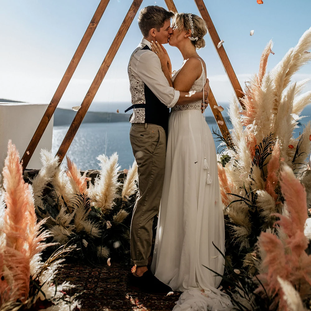 Duas peças boho chiffon vestido de casamento colheita superior boêmio navio da gota sem costas 2022 princesa praia cintas de espaguete laço vestido de noiva