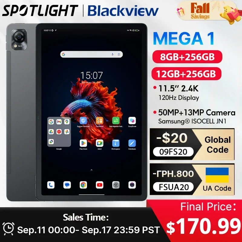 【World Premiere】Blackview MEGA 1 Tablet 11.5 inch 2.4K 120Hz Display 12GB 256GB 50MP+13MP Camera 8800mAh 33W Fast Charging Pad