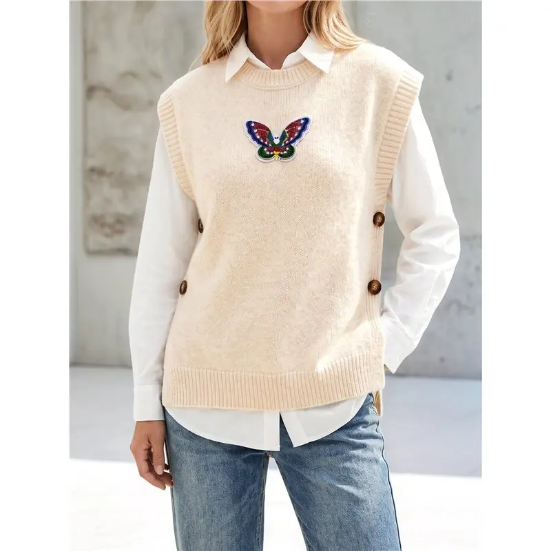 CYL-Women's Vest Crew Neck Sequin Butterfly Patch Side Button Split Knit Sweater Tank Top