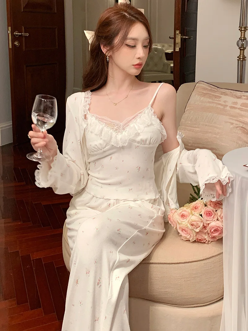 French Fairy Princess Nightwear Sleepwear Floral Print Pajamas Three Piece Set Women Sweet Girl Luxury Home Wear Loungewear