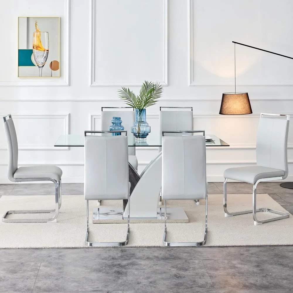 Conjunto de mesa de sala de jantar para 6,1 mesa e 6 cadeiras de jantar de couro PU