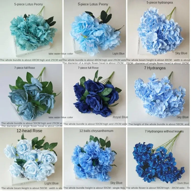 Blue Artificial Silk Peony Rose Flowers Hydrangea Wedding Office Valentine's Day Party Home DIY Wedding Guide Decoration Flowers