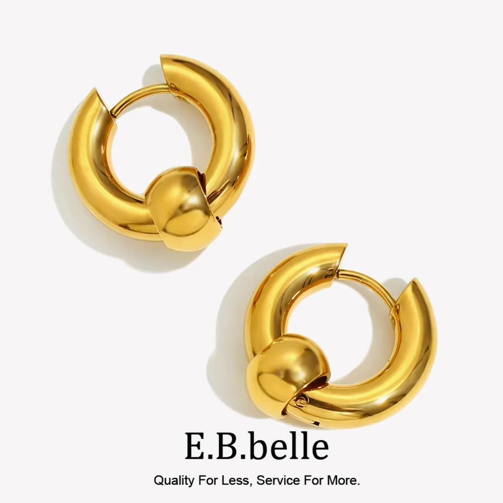E.B.belle Classic Style Round Beads Hoop Earrings Gold Plated Stainless Steel Daily Life Water Proof Fashion Women Jewelry