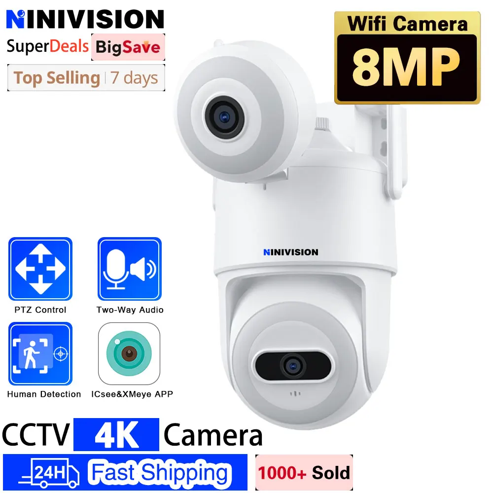 

4K 8MP WIFI Camera Dual Lens Dual Screen IP PTZ Camera Outdoor AI Human Detection Tracking Color Night Vision CCTV Surveillance