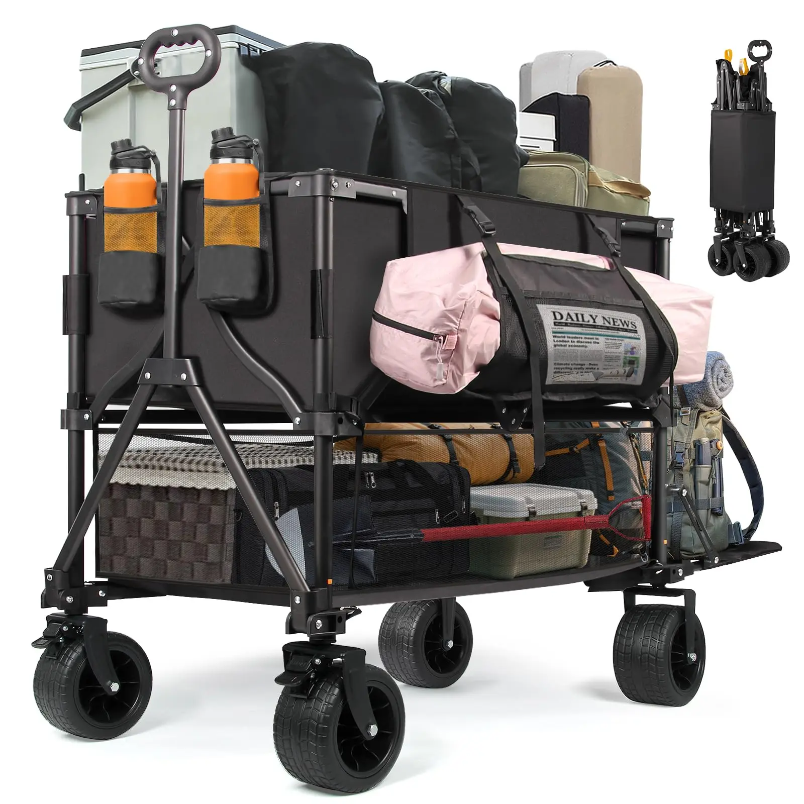 Double Decker Wagon Heavy Duty Collapsible, 600LBS 400L Capacity | Foldable Utility Cart, Big Wheels for Beach