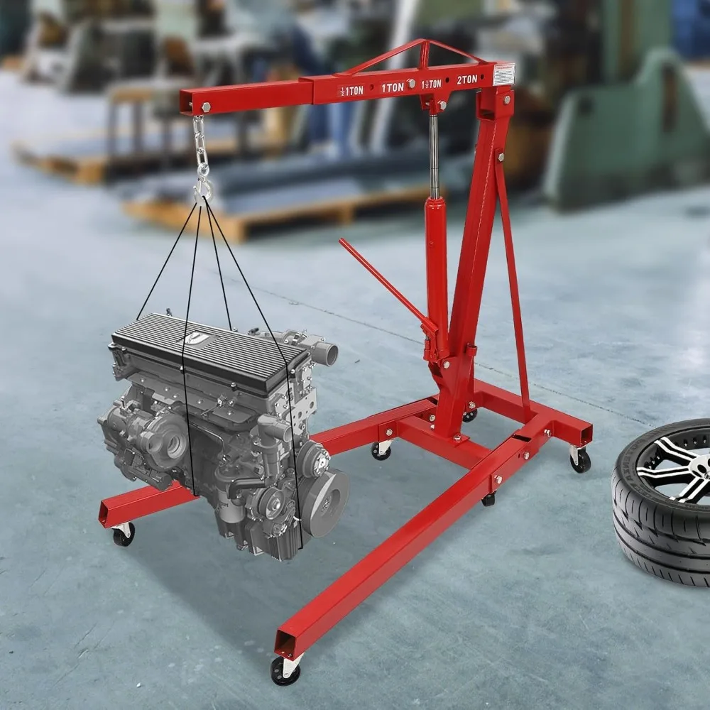 2-Tonnen roter zusammenklappbarer Motortakel, robuster hydraulischer Ladenkran mit 6 Rollenrädern, einstellbare 0,5-2T-Kapazität für Autoreparaturen