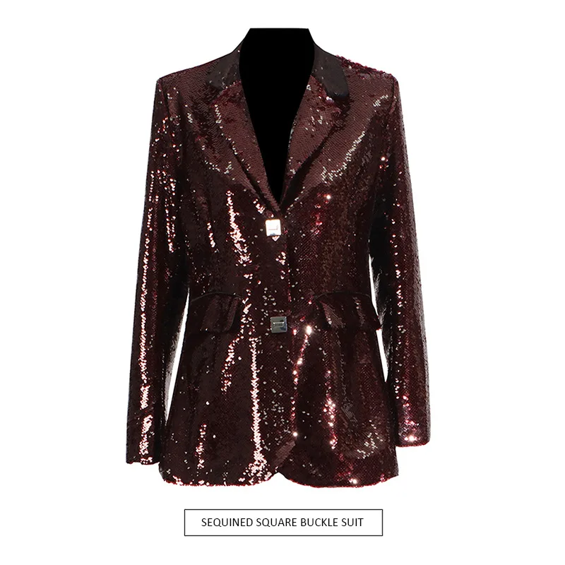 우아한 스팽글 디자인 블레이저 여성용 싱글 버튼 긴 소매 모아진 허리 맞는 재킷 여성 코트 패션 2025 새로운 얇은