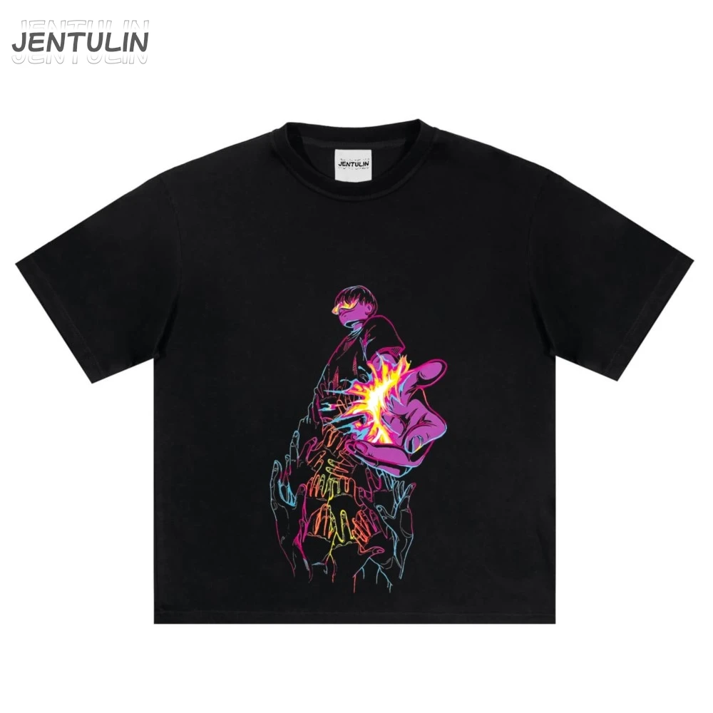 Oversize streetwear roupas masculinas Iskra dos desenhos animados impressão gráfica harajuku manga curta topo t hip hop coreano goth tshirt algodão y2k
