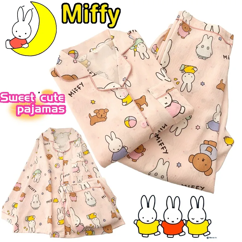 

Пижама с кроликом Миффи: милый мультяшный дизайн, высокая эстетическая ценность, для девочек, с длинными рукавами и брюками, свободный домашний костюм, комплект из двух предметов