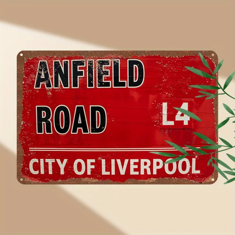 1pc Vintage Metal Tin Sign (12x8 inches/30x20cm) - Anfield Road, Liverpool City Metal Sign, Retro Wall Art Decor for Home, Bar,