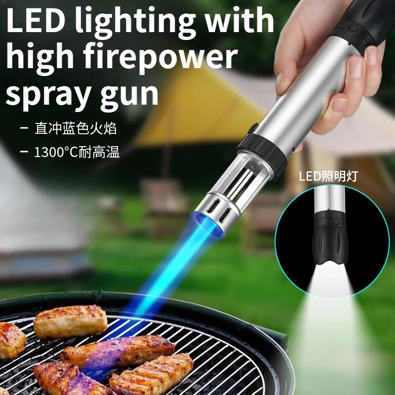 Outdoor Inflatable Windproof High Firepower Handheld Spray Gun with Flashlight Camping Portable Lighting Charging Lighter