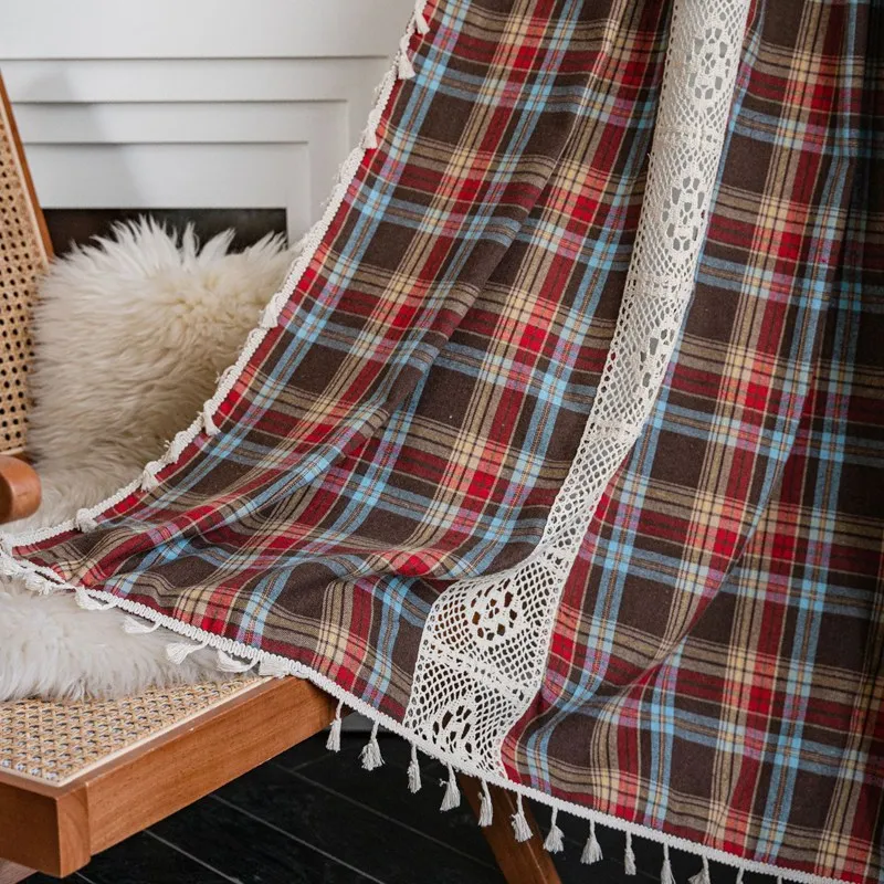

American Cotton Linen Window Curtain Coffee Plaid Hollow Out Knitting Curtains Blackout with Tassel Curtains for Living Room