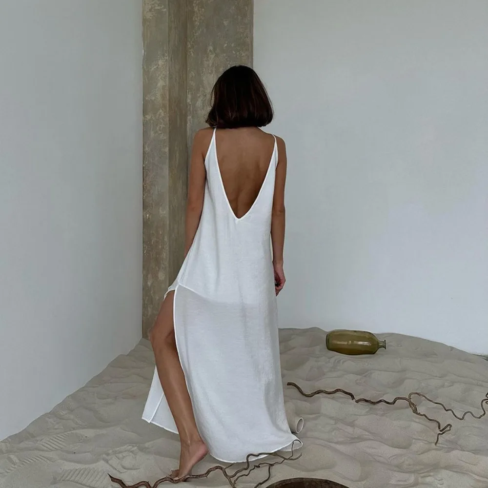 Elegant Loose Home Suspender Dress Spring and Summer Women Simple Soft Comfortable Cool Beach Dew SleepV-shaped Backless Dress