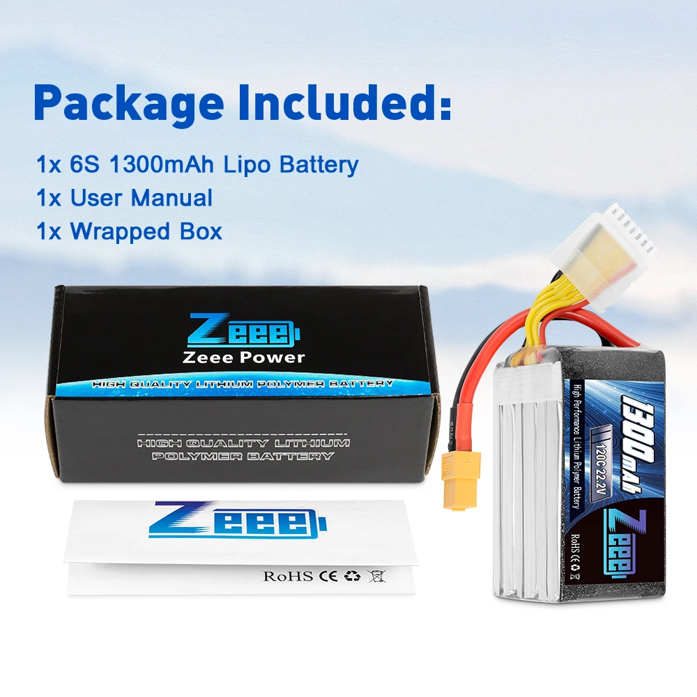 Zeee 6S 1300mAh RC Battery 22.2V 120C Lipo with XT60 Plug for FPV Drone Quadcopter Helicopter Airplane RC Boat Car Racing Models