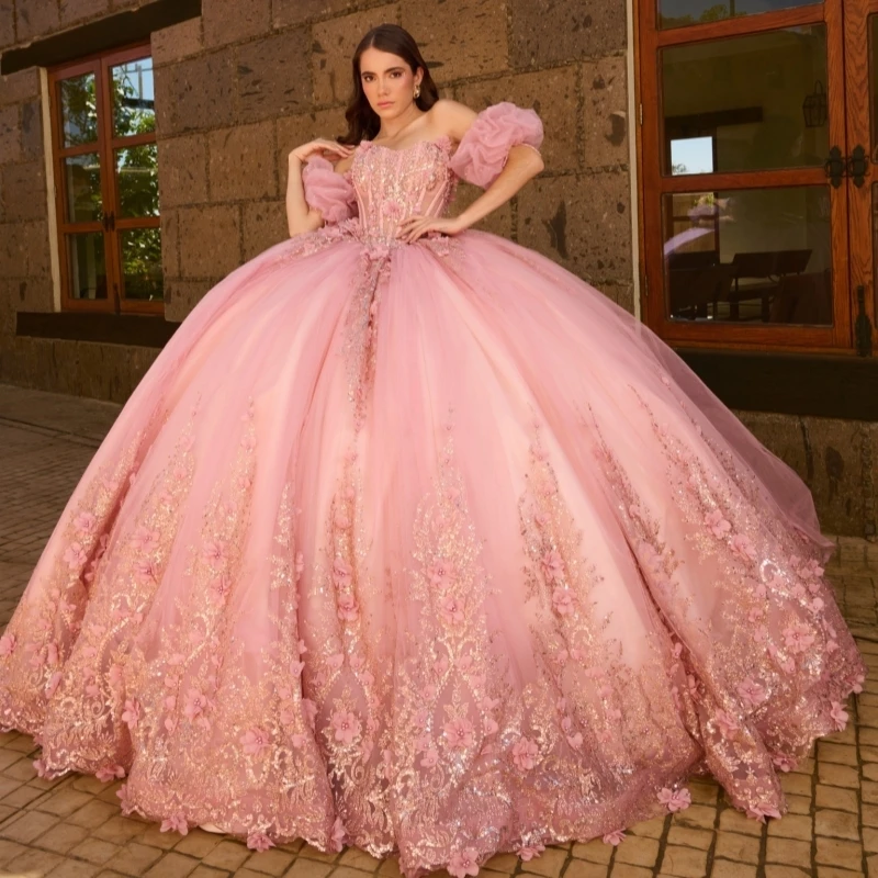 

Light Pink Shiny Quinceanera Dresses Off The Shoulder Sequin Applique Flower Beading Crystal Corset Tull Party Birthday Sweet 16