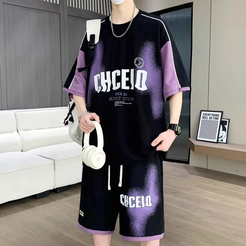 M-6XL Men's Casual Short Suit Youthful Activewear Suit Korean Harajuku High Street T-shirt and Shorts 2-piece Set New 2025