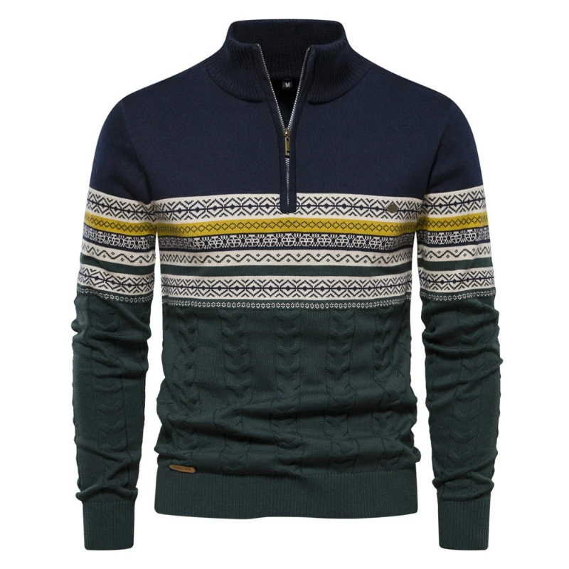 

Men Knit Sweater Turtleneck Striped Pullovers Long Sleeved Half Zipper Jumpers Casual Spliced Business Sweaters Autumn