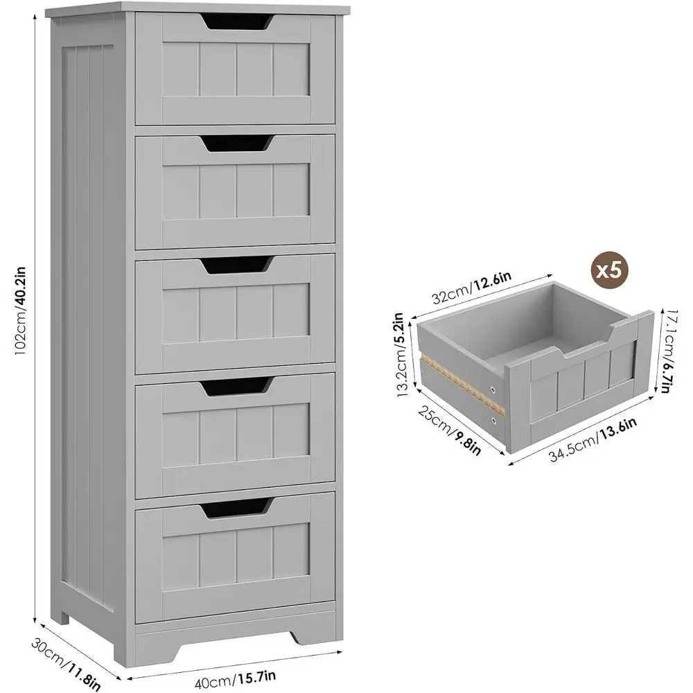 Grey 5-Shelf Narrow Bathroom Storage Cabinet with Cut-Out Handles, 11.8 x 15.7 x 40.1, Ideal for Small Spaces & Laundry/Hallway
