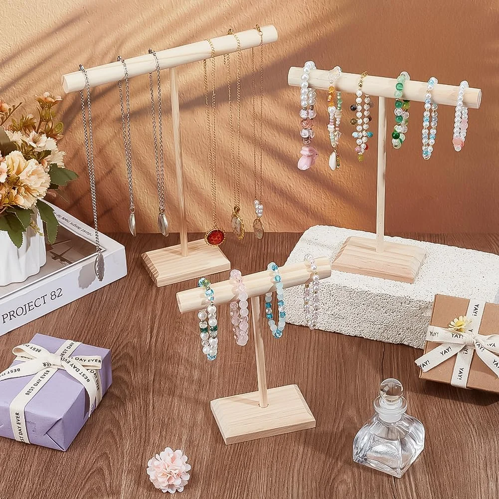 3 أحجام خشبية سوار عرض المدرجات T-bar حامل مجوهرات قلادة حامل حامل الإسورة تخزين الرف مجوهرات المنظم العرض #2