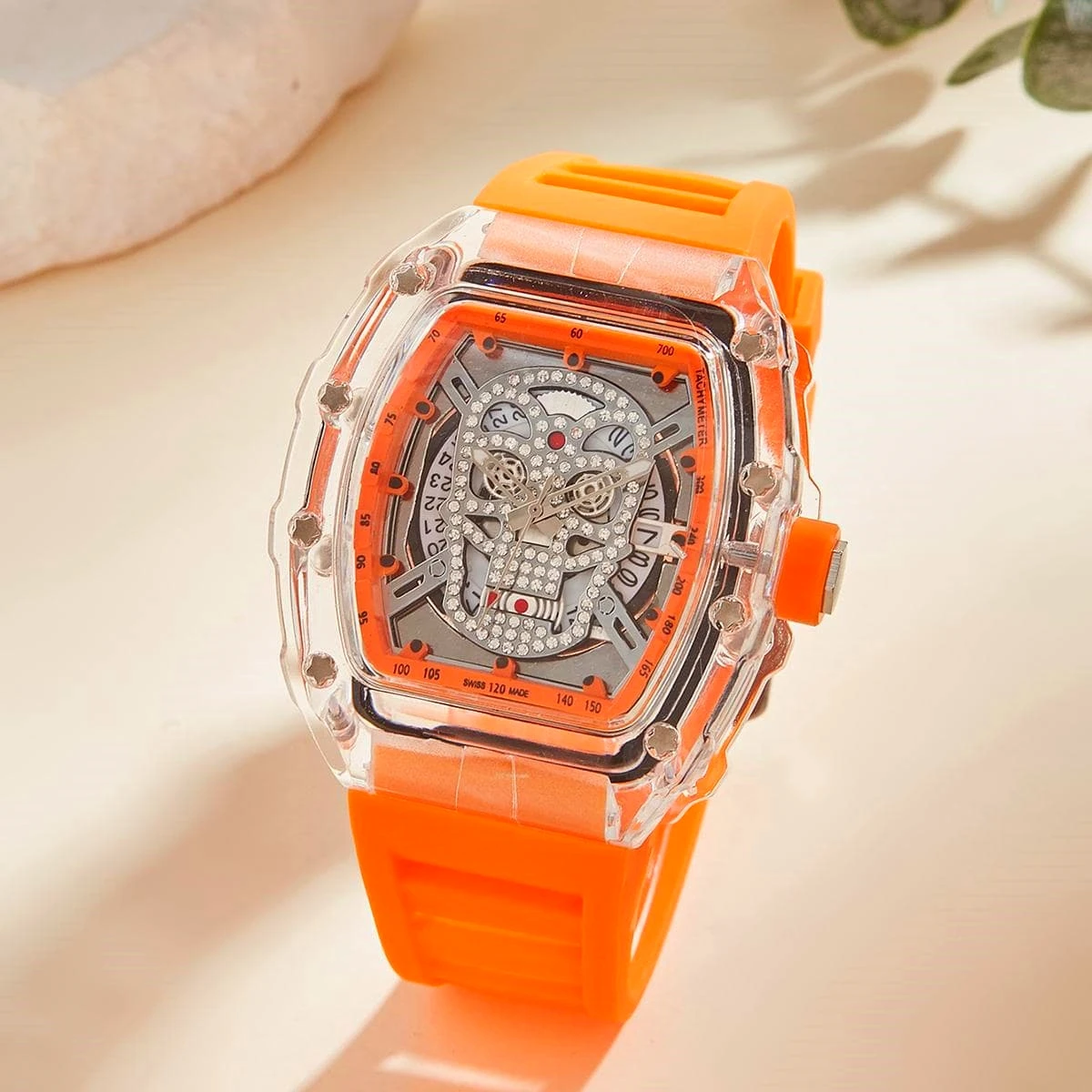 New Cool Angel Skull Original Design Oil Inlaid Diamond British Watch Orange Leisure Business Bucket Type