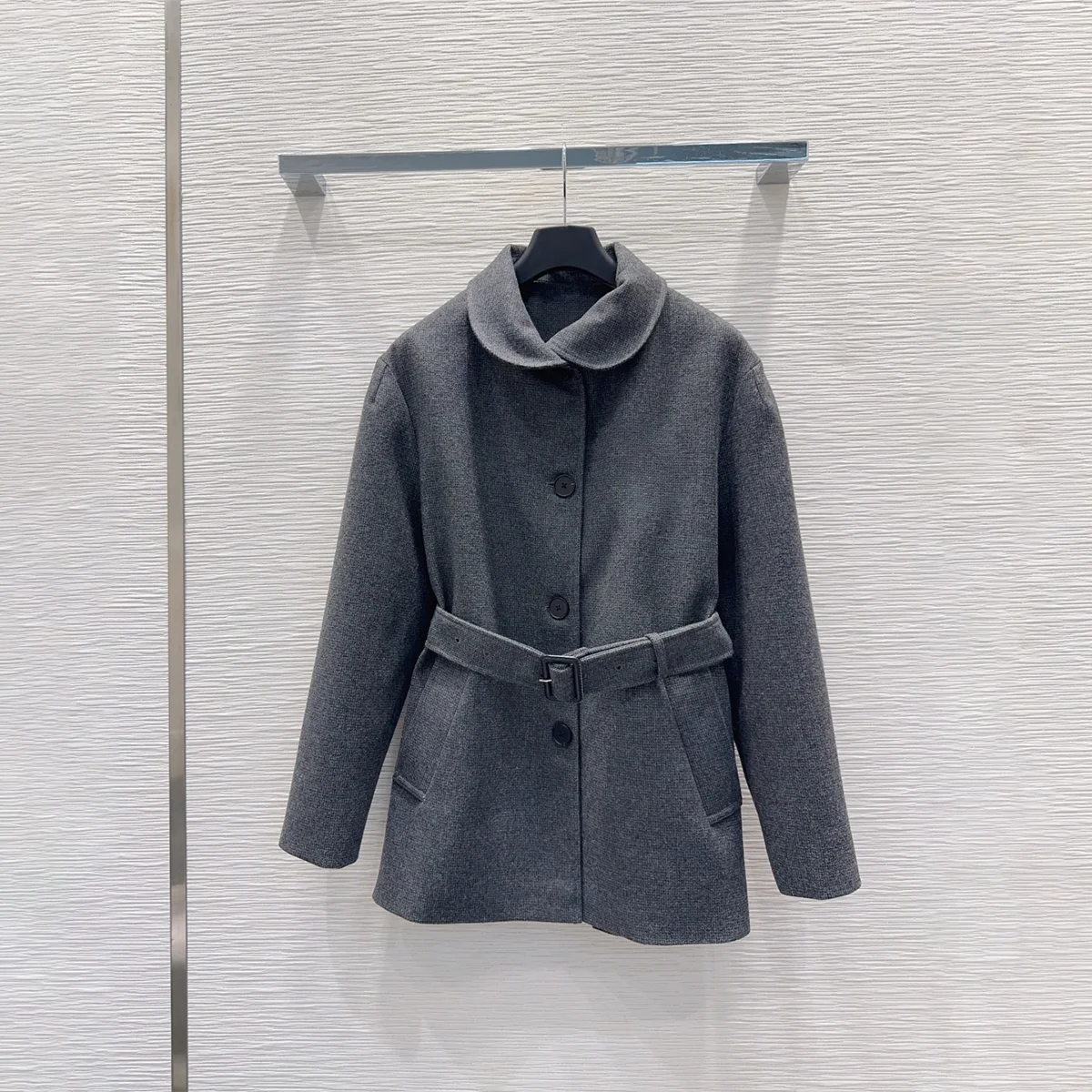 2026 high-quality women's clothing texture linen gray wool waistband, waist cinching, slimming autumn and winter commuting jacke