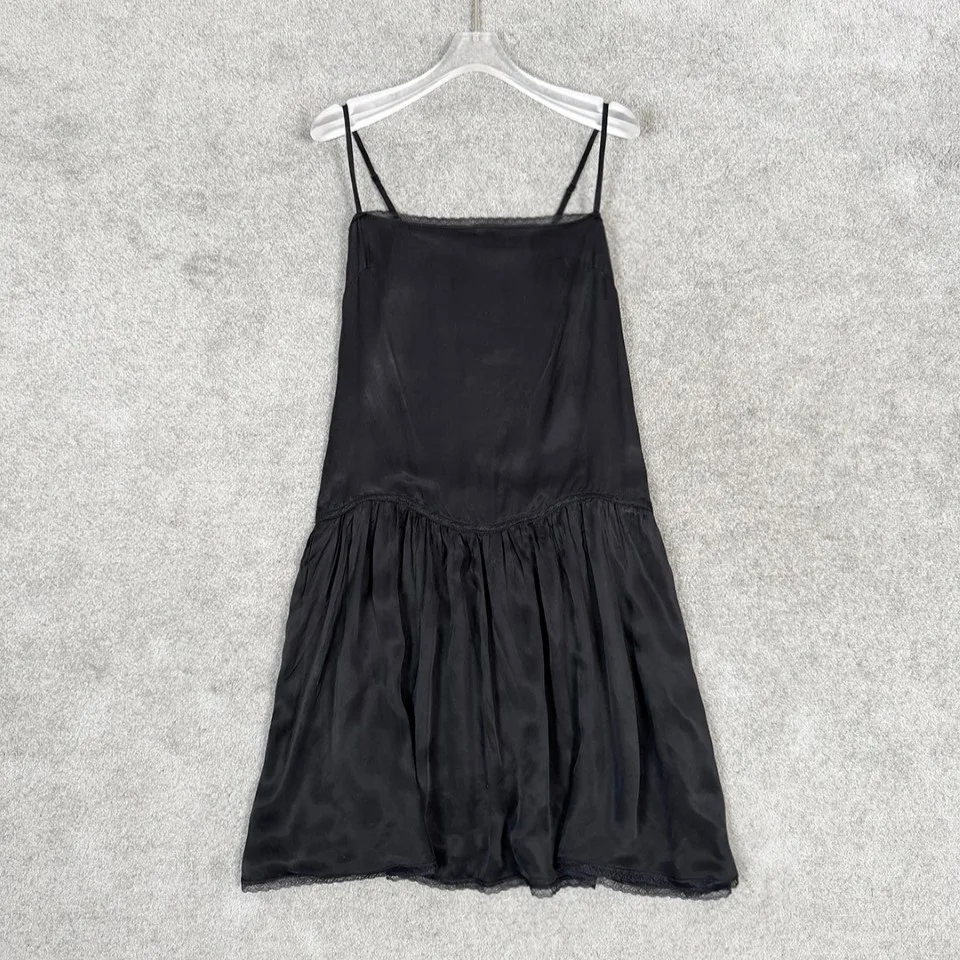 2026 Satin Slip Mini Dress with Lace Trim – Spaghetti Strap Ruffled Hem Nightie in Classic Black