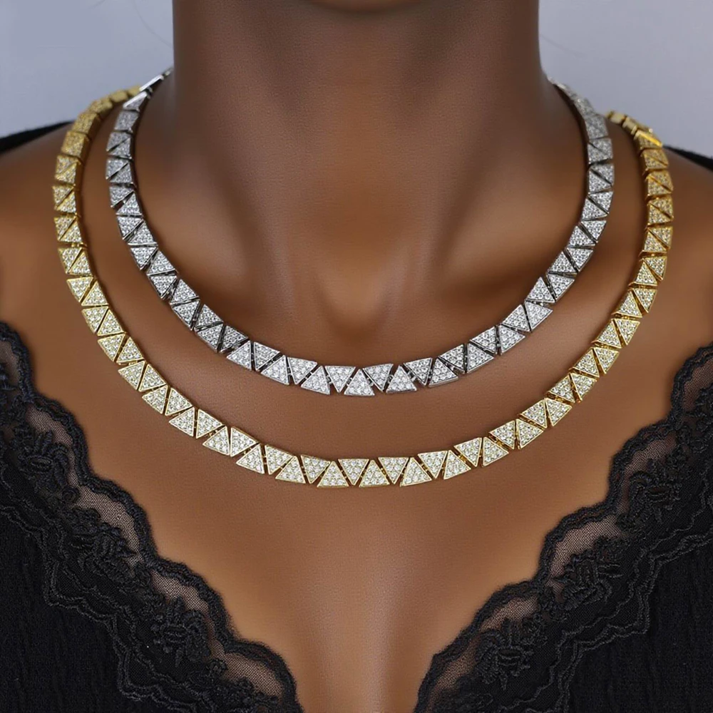 

Triangle Shaped Tennis Chain Necklace Full Paved Bling CZ Cuban Chain Cubic Zircon Fashion Luxurious Choker Hip Hop Jewelry