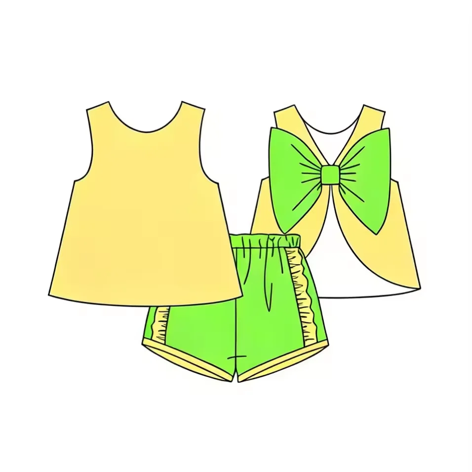New Girls Princess Outfits Solid Color Sleeveless Summer Back Bow Top Ruffle Shorts Children Boutique Kids Clothes