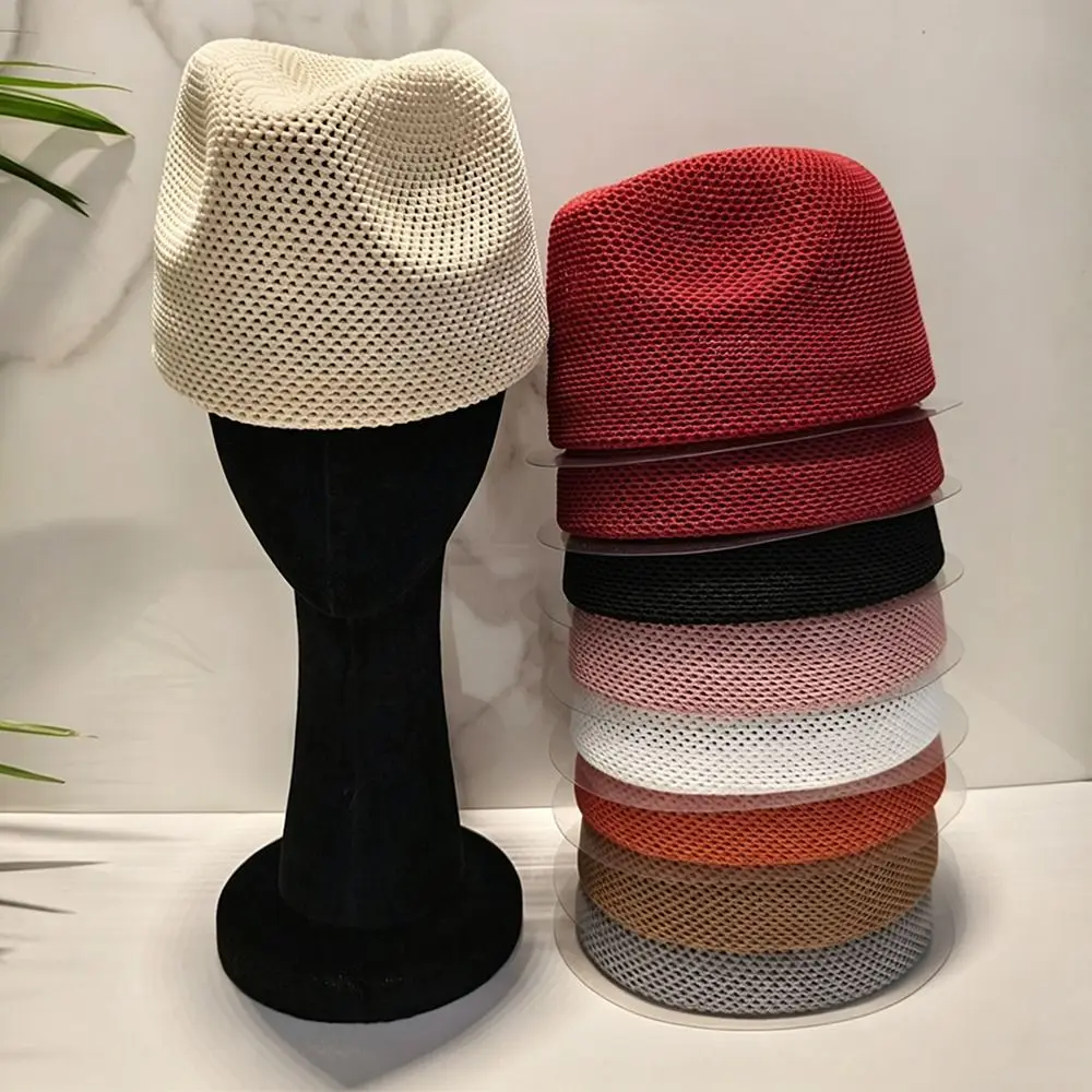 Breathable Mesh Knitted Pillbox Hat Lightweight Knit No Brim Design Women Bucket Cap Multiple Colors Mesh Panama Hat