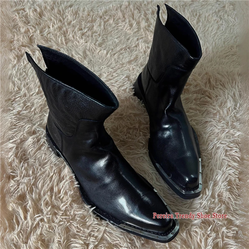 Retro Black Leather Knight Boots for Men Women Metal Design Pointed Toe Back Zipper Chelsea Boots Autumn Winter New Casual Shoes