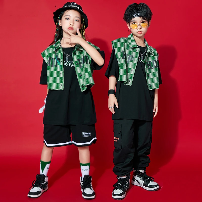 Kids Jazz Hip Hop Dance Clothing Boys Street Dance Costume Green Shirt Shorts Girls Performance K-pop Outfit Tracksuit SL6964