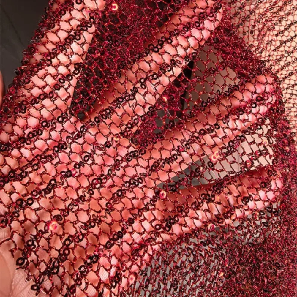 Red Micro Elastic Hollow Sequin Mesh Fabric for Dress Clothing Fabrics Designer Handmade DIY Sewing Material By The Meter Cloth