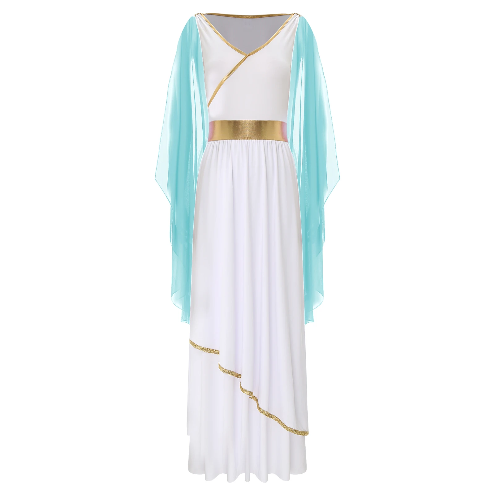 Womens Ancient Greek Beauty Dress Halloween Cosplay Costumes V Neck Sleeveless Gold Trims Toga Greece Roman Queen Cosplay Dress