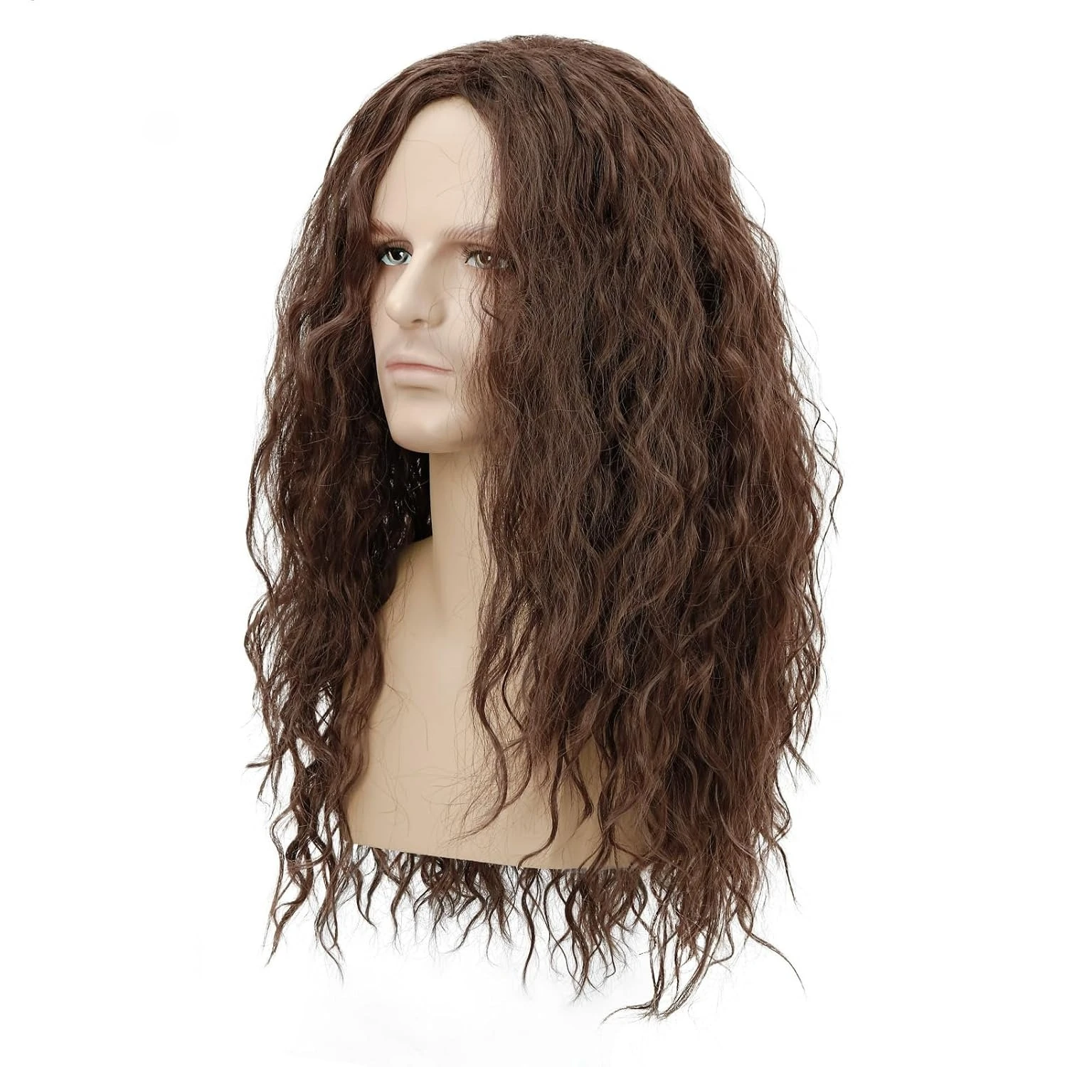 WHIMSICAL W Mens Long Curly Brown Wig 70s 80s Rock Middle Part Synthetic Wig for Cosplay Halloween Party view 3