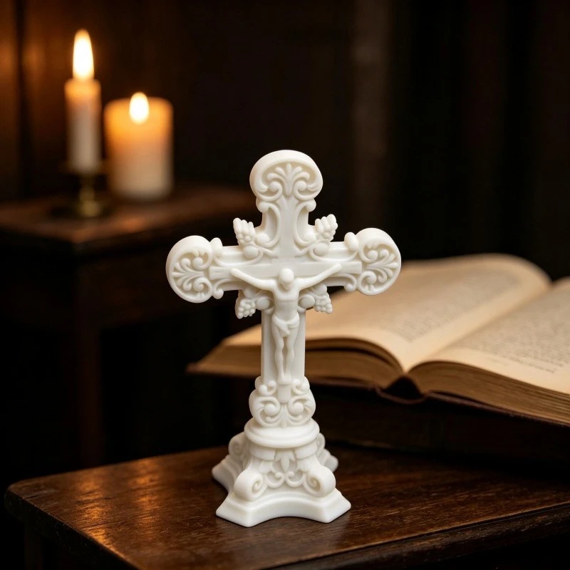 Crucifix Cross Resin 3D Printed Jesus Statue Vintage Altar Standing Figurine Religious Church Home Table Top Decor Gift