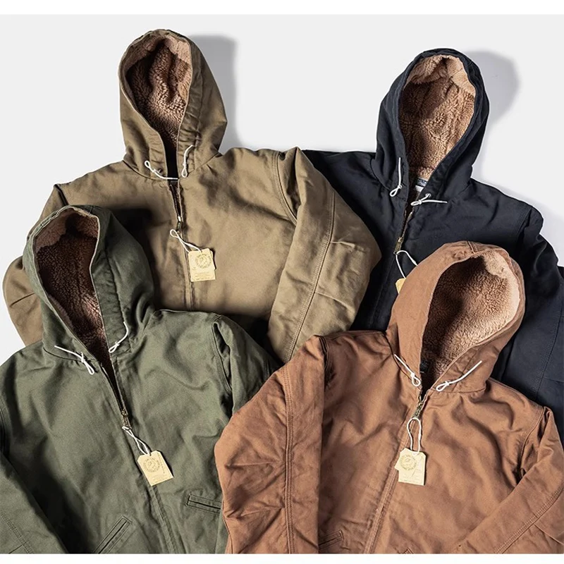 

Qingtian old-fashioned retro hooded cotton jacket outdoor leisure lambskin windproof warm canvas work jacket