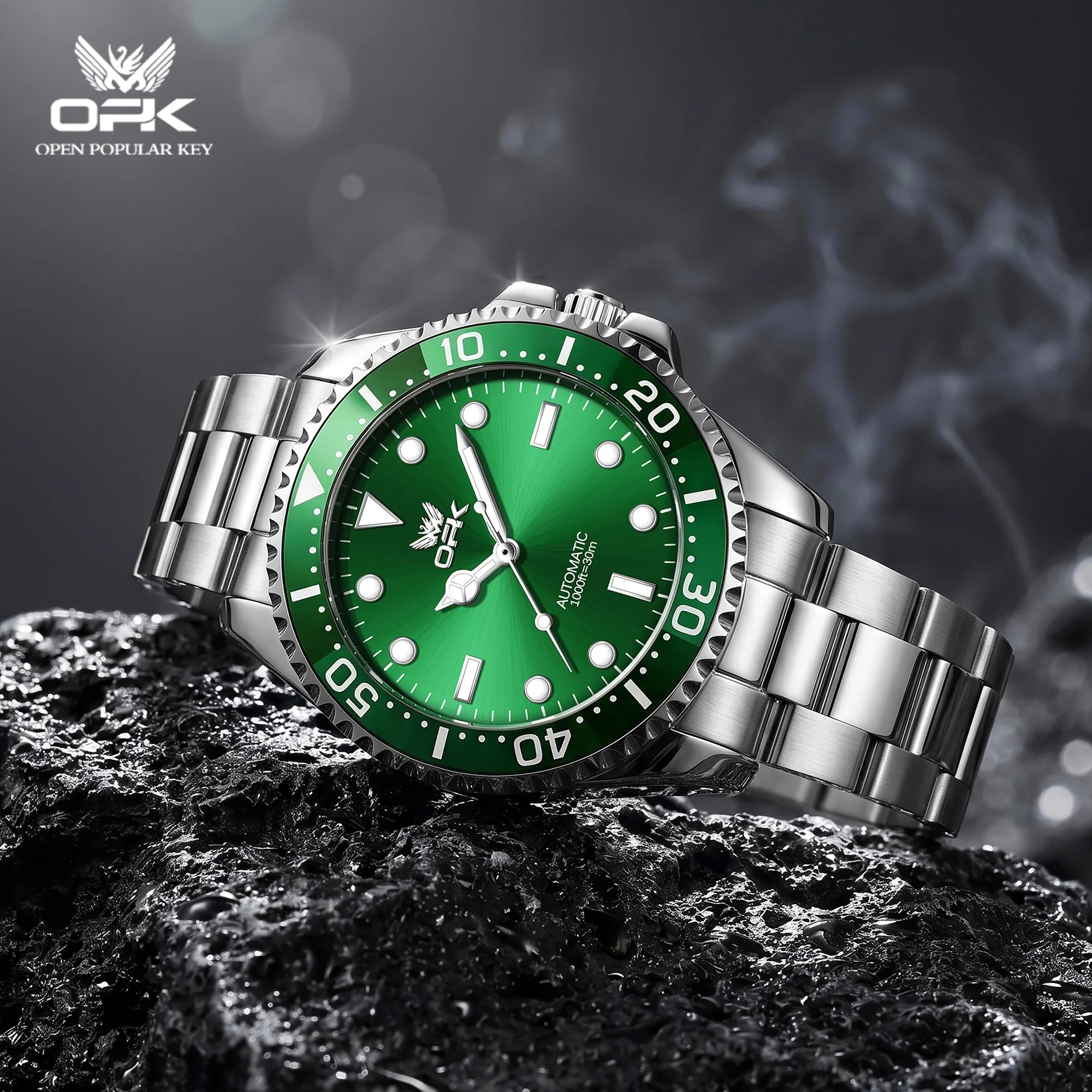 OPK 6104 Mechanical Movement Watch Men Diving Fashion Metal Scale Bezel Design HD Night Light 30M Waterproof Steel Strip Watch