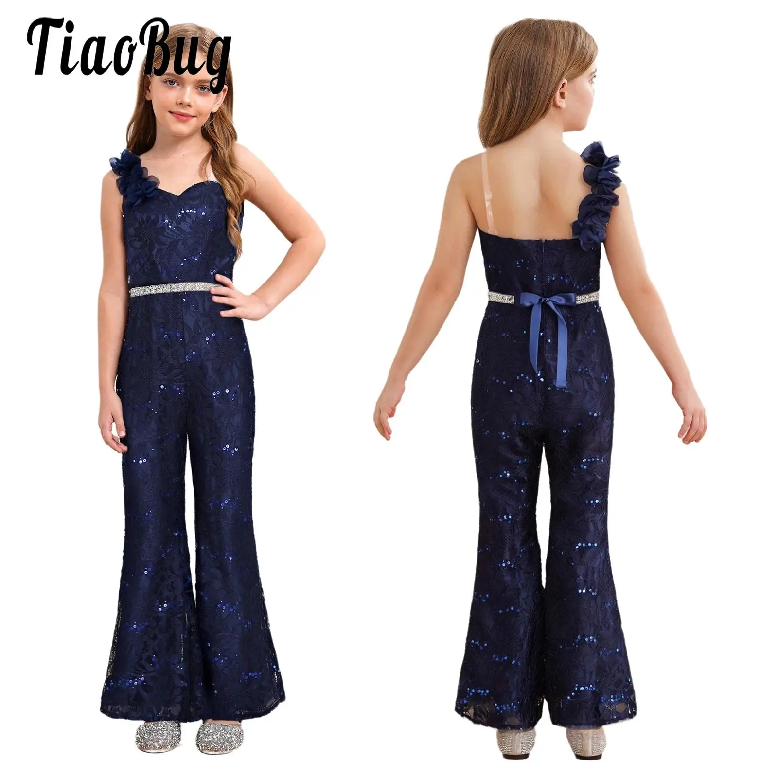 

Girls Jazz Tango Dance Rompers Performance Sleeveless Fake Flower Sequined Jumpsuit with Chain Belt for Wedding Party Banquet