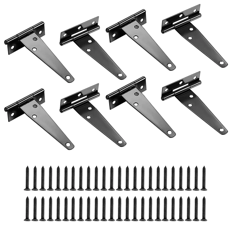 8 PCS T-Strap Hinges Heavy Duty Gate Hinges Metal Tee Hinges with Screws Barn Gates Supplies (Black,4 Inch)