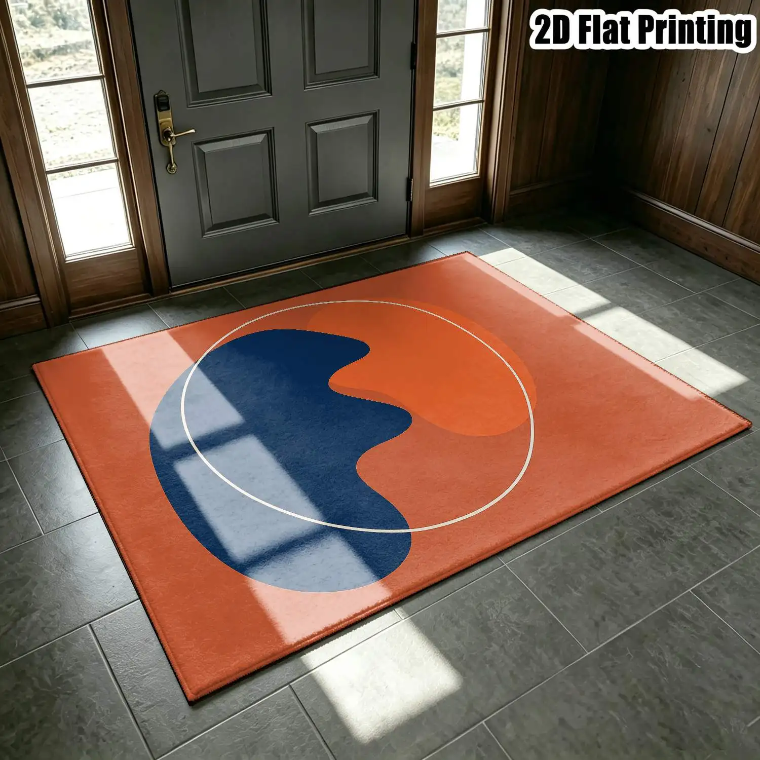 1Pc 2D Printed Nordic Abstract Art Carpet, Orange & Blue Geometric Pattern, Machine-Washable, Multi-Size, for Home Decor & Multi-Scene Use