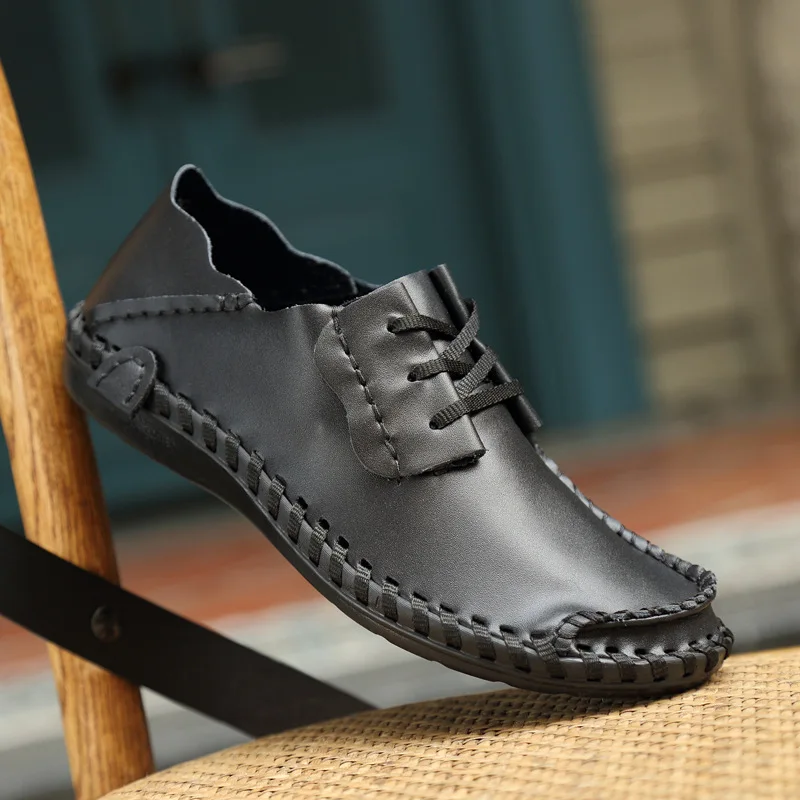 Men' Leather Shoes Summer Breathable Fashion Sewn Wear-Resistant Cowhide Men Casual Shoes Solid Color Comfortable Male Shoes