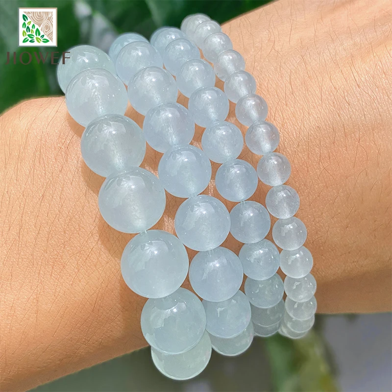 Natural Smooth White Blue Chalcedony Round Spacer Loose Beads for Jewelry Making Handmade DIY Bracelet 4/6/8/10/12/14mm 15\