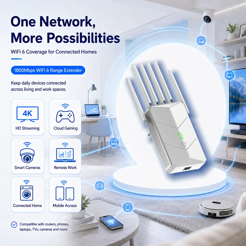 1800Mbps Wireless Repeater Dual Band 2.4Ghz 5GHz WiFi Extender Wi-Fi Amplifier Long Range Signal Expansion Booster