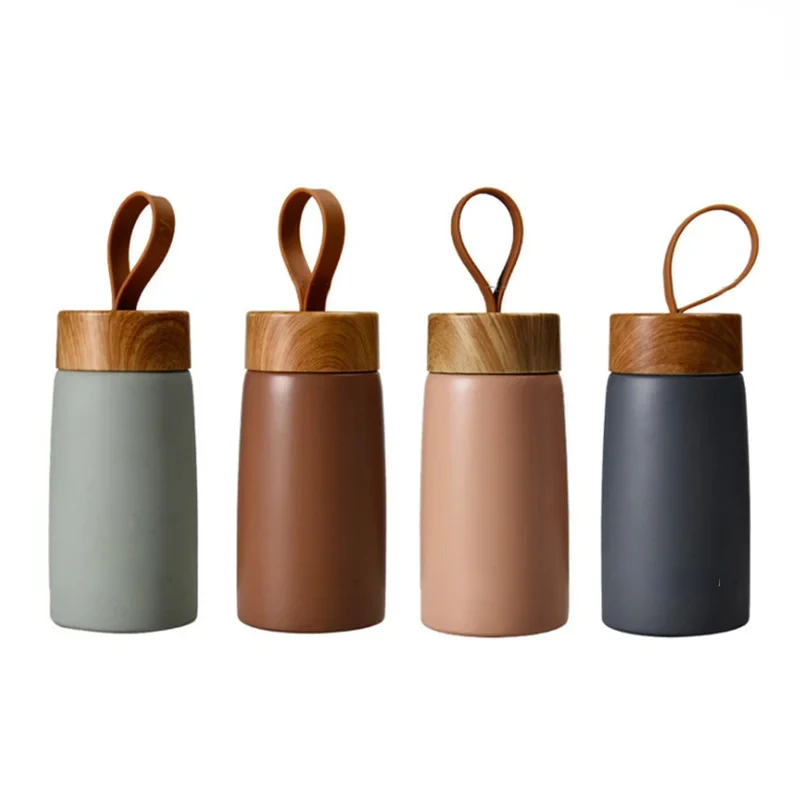 Double Wall Insulated Thermos 304 Stainless Steel Vaccum Flask Outdoor Portable 280ml Wood Water Cup Mini Vacuum Water Bottle