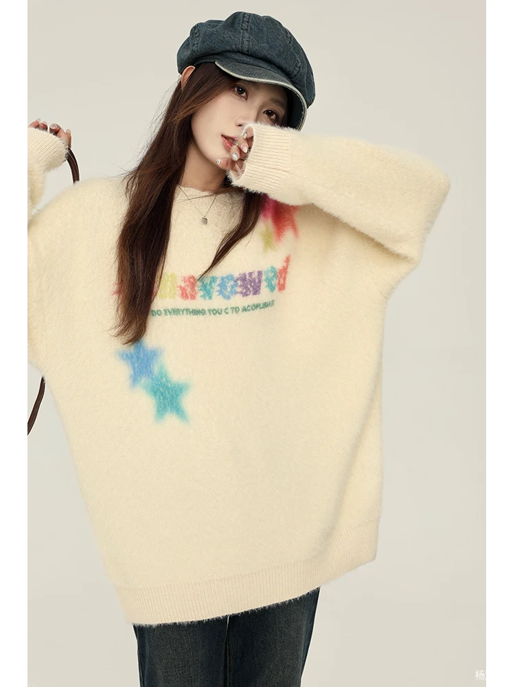 O-neck Pullovers Women Sweet Star Print Tender Knitted Sweaters Girls All-match Korean Fashion Autumn Winter Jumper Aesthetic