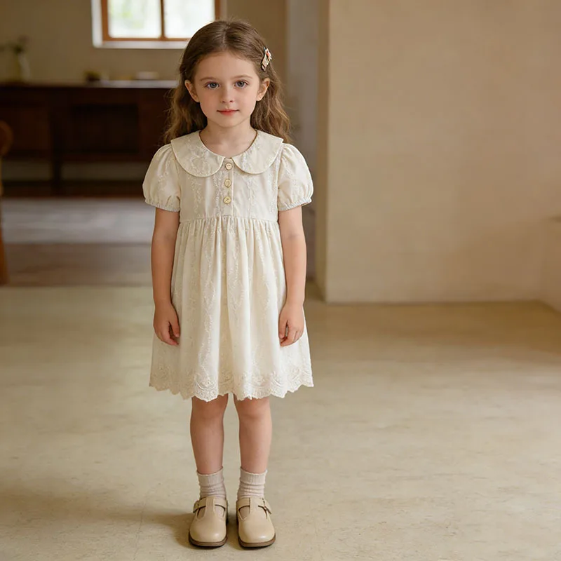 

Girls Dress 2026 Spring and Summer New Childrens Clothing Korean Style Girl Baby Sweet Embroidery Short-sleeved Princess Dress