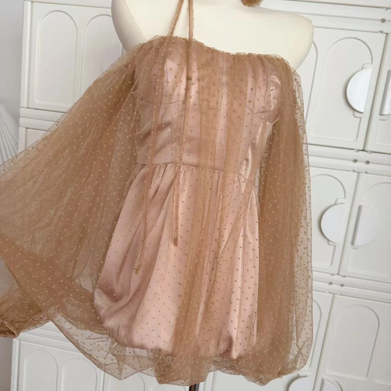 Feminino chique duas camadas bolinhas guaze fora do ombro mini vestido senhora primavera verão high street holliday festa vestido de manga longa