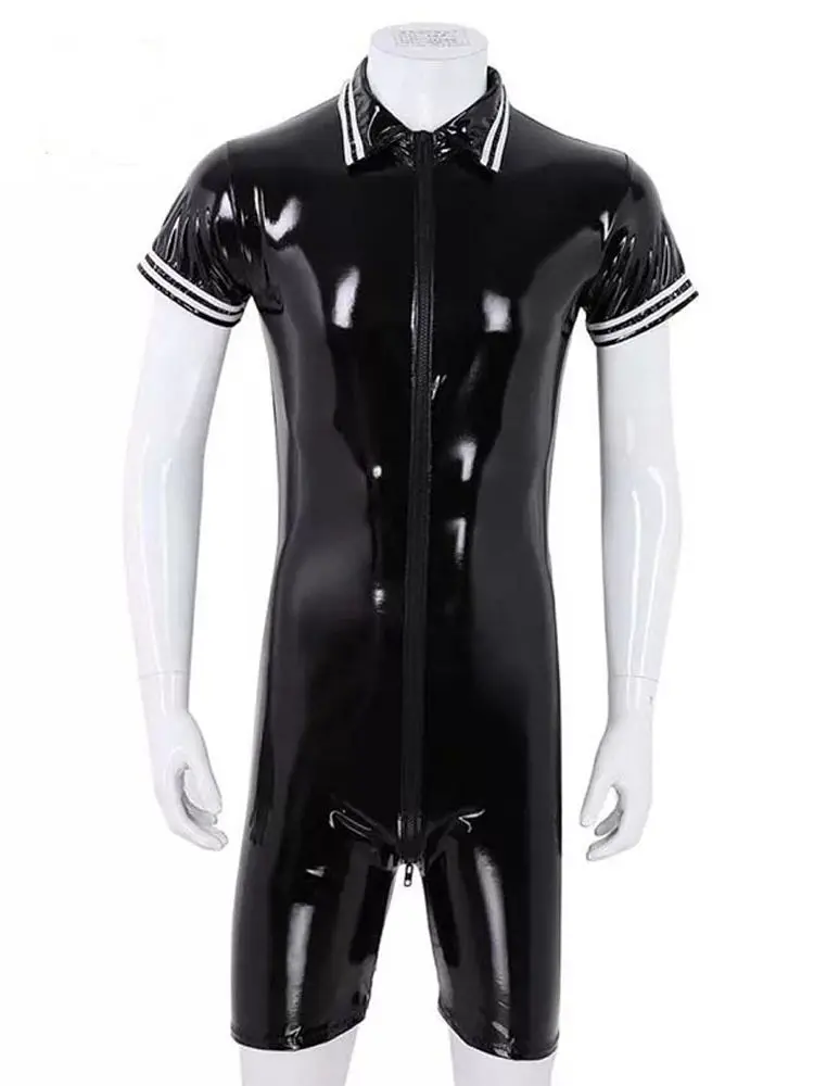 S-7XL Short Sleeve Mens Wet Look PVC Catsuit Playsuits Shiny PU Leather Zipper Open Crotch Bodysuit Tights Body Teddies Leotard