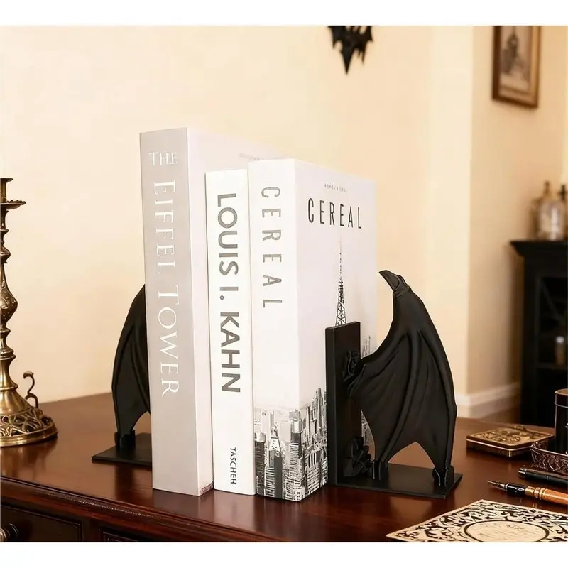 A93PHOT! Decorative Black Gothic Bat Wing Bookend Supports, Heavy Duty Non-Slip Book Stoppers For Shelves