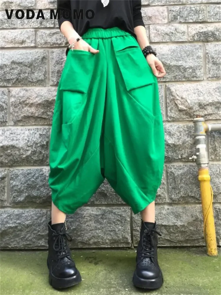 Spring Nine-point Pants Women's Vintage Loose All-match Casual Wide-leg Pants Bloomers Elastic High Waist Haren Pants Streetwear